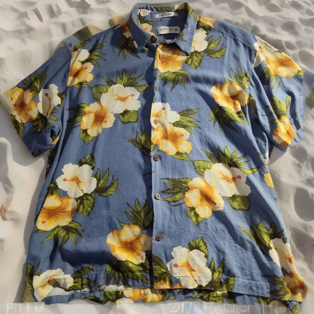 2XL Orvis Hibiscus Floral Hawaiian 100% Silk Button Up Short Sleeve Shirt 737
